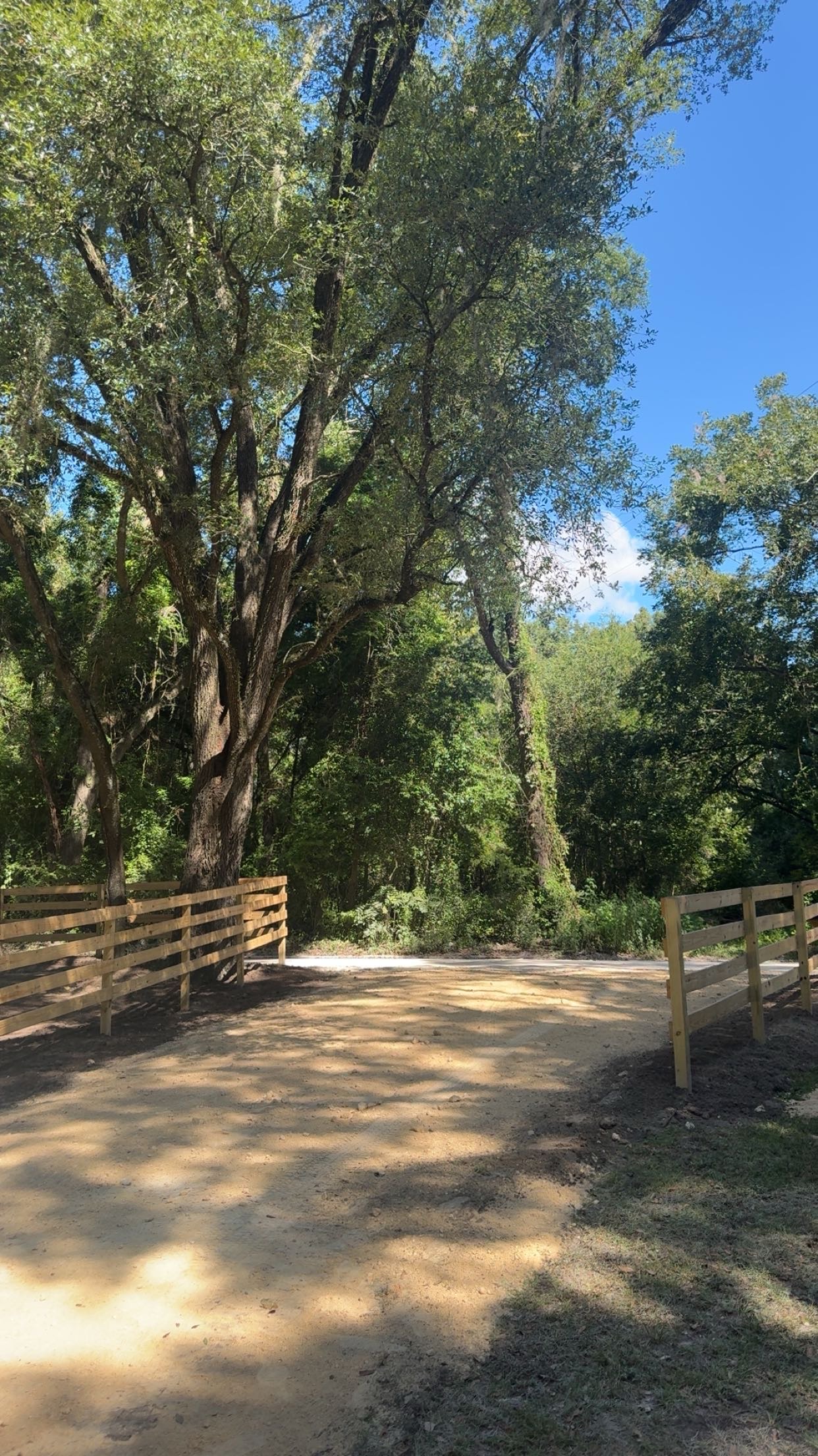 Wood rail fencing along a property entrance